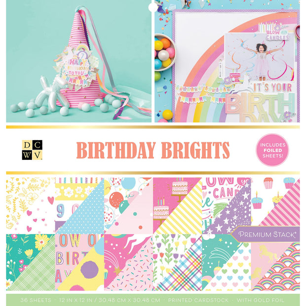 DCWV Birthday Brights 12x12 Double Sided Gold Foil (36 Sheets)